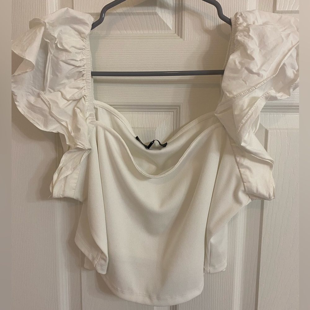 ELOQUII White Ruffle Sleeve Crop Top
